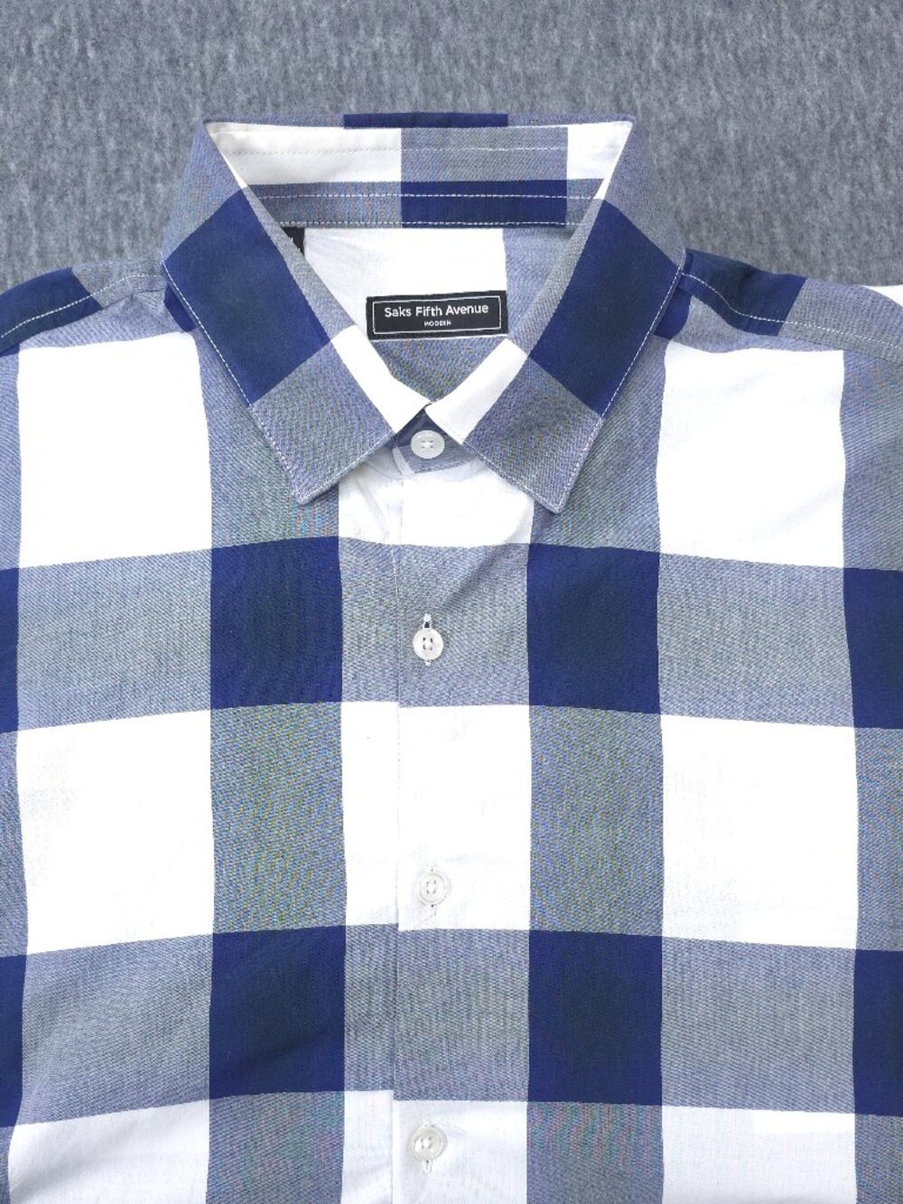 Saks Fifth Avenue Modern Mens M Blue White Buffalo Plaid Cotton Shirt